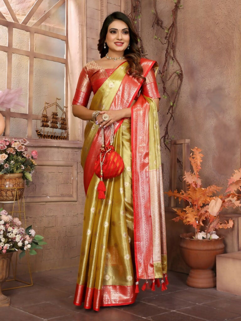 Anaita Golden Tissue Silk With Zari Weaving Saree With Blouse | Grocsy
