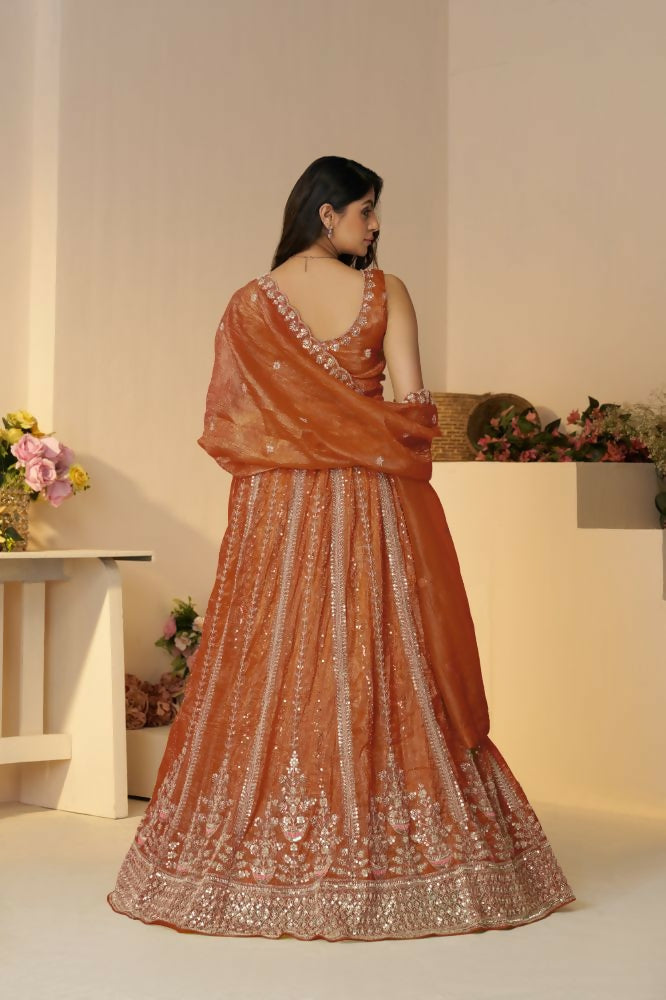Kesar Fab Orange Jimmy Choo Hand_Woven Lehenga | Grocsy