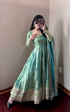 Teeya Creation Teal Fendy Silk Designer Heavy Work Wedding Wear Long Gown | Grocsy