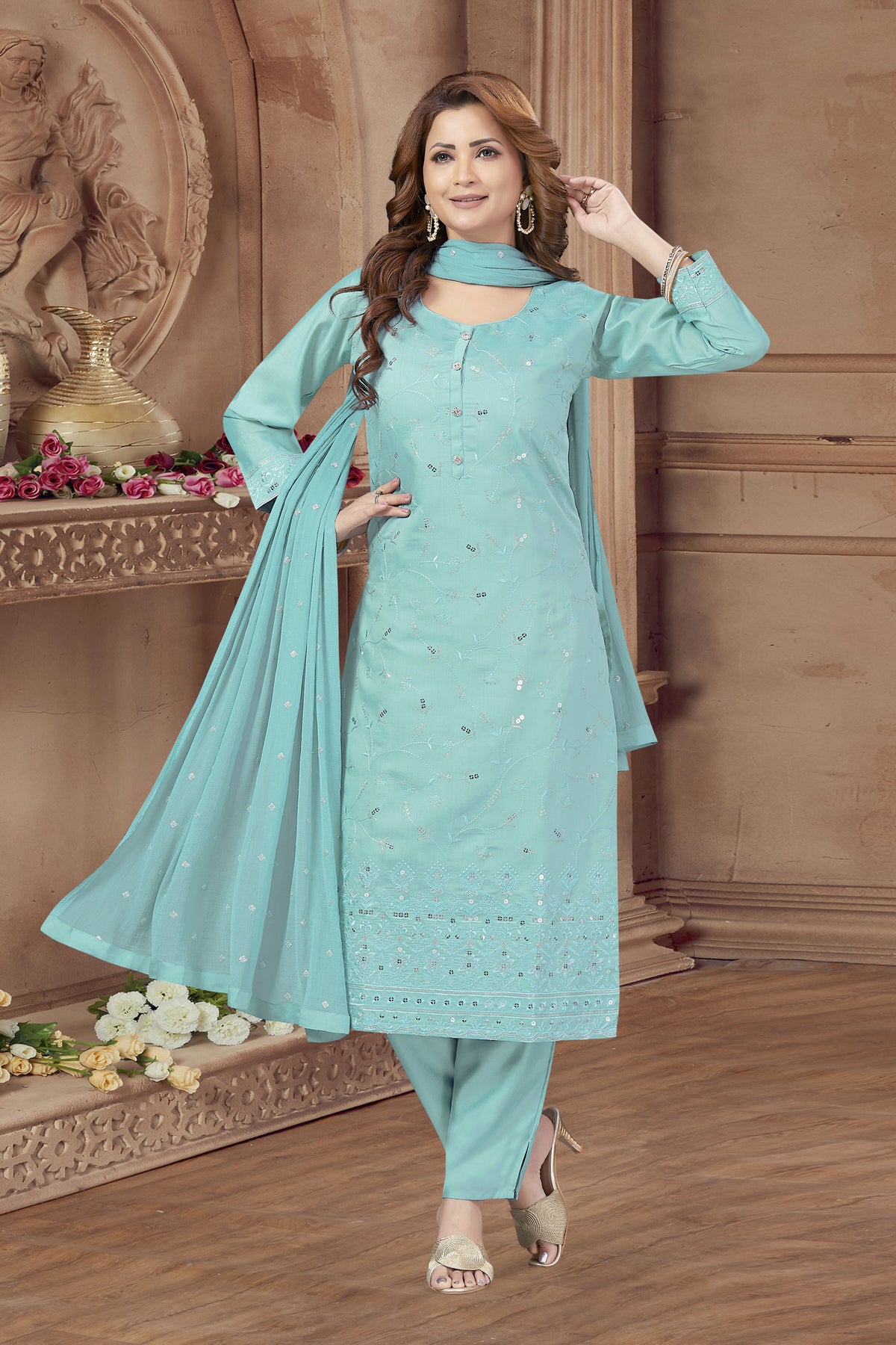 Joban Fashion Firozi Soft Silk Sequin Work Kurta Set | Grocsy