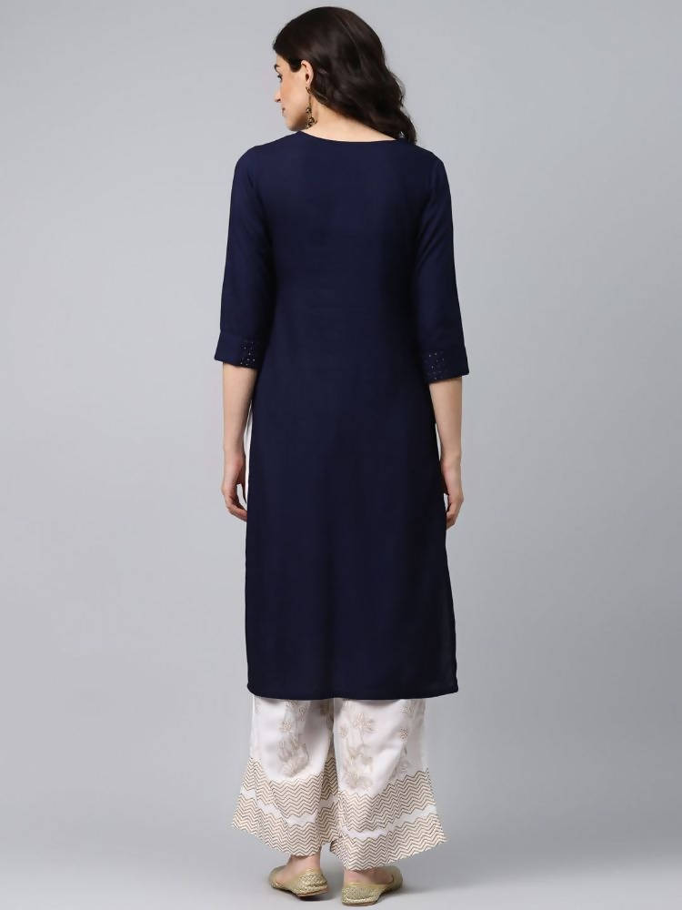 Yufta Women Navy Blue & White Solid Kurta with Palazzo | Grocsy