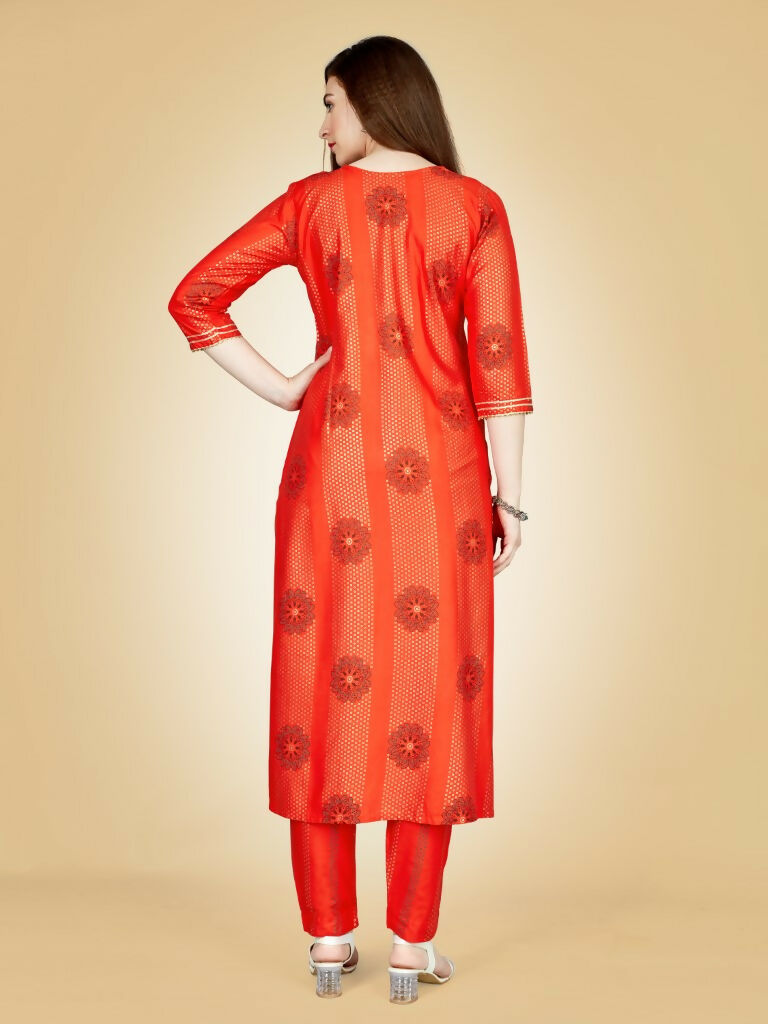 Jyoti Fashion Women's Orange Viscose Rayon Embroidered Kurta Pant Set | Grocsy