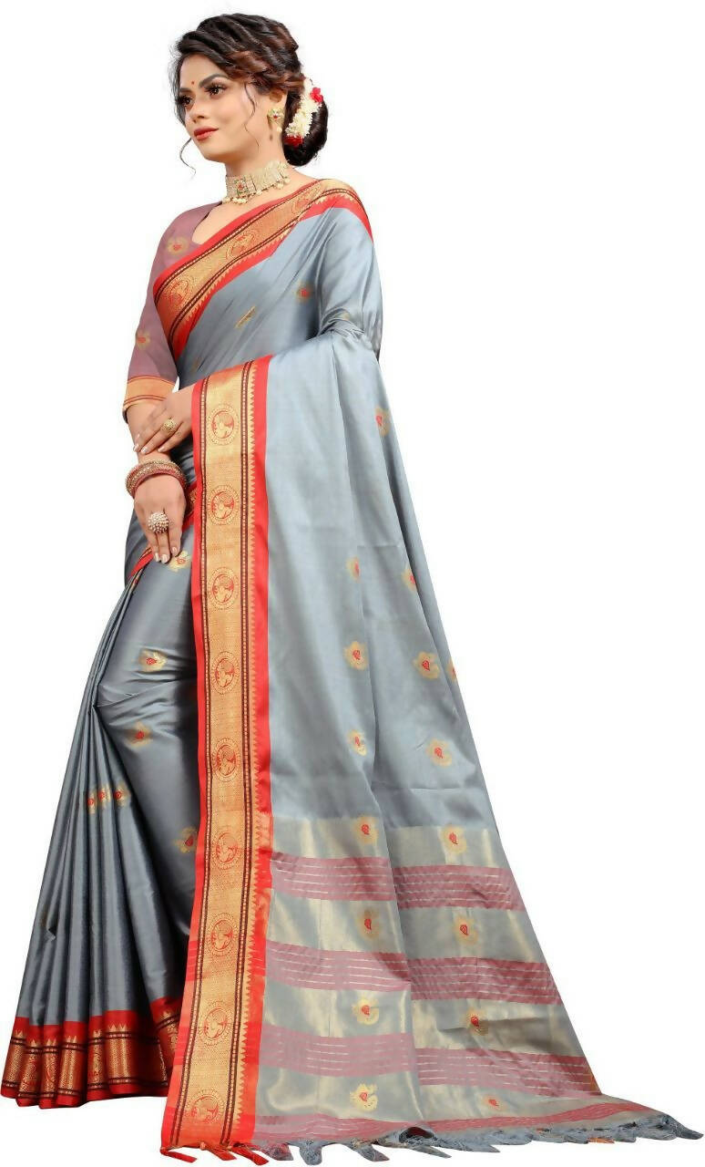 DEIANA'S Beautiful Designer Golden zari Soft Lichi Silk Saree - Grey | Grocsy