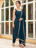 Teeya Creation Womens New Elegant Teal Embroidered Kurti with Matching Bottom Set | Grocsy