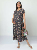Manet Short Sleeves Maternity Dress Floral Print With Concealed Zipper Nursing Access - Navy Blue | Grocsy