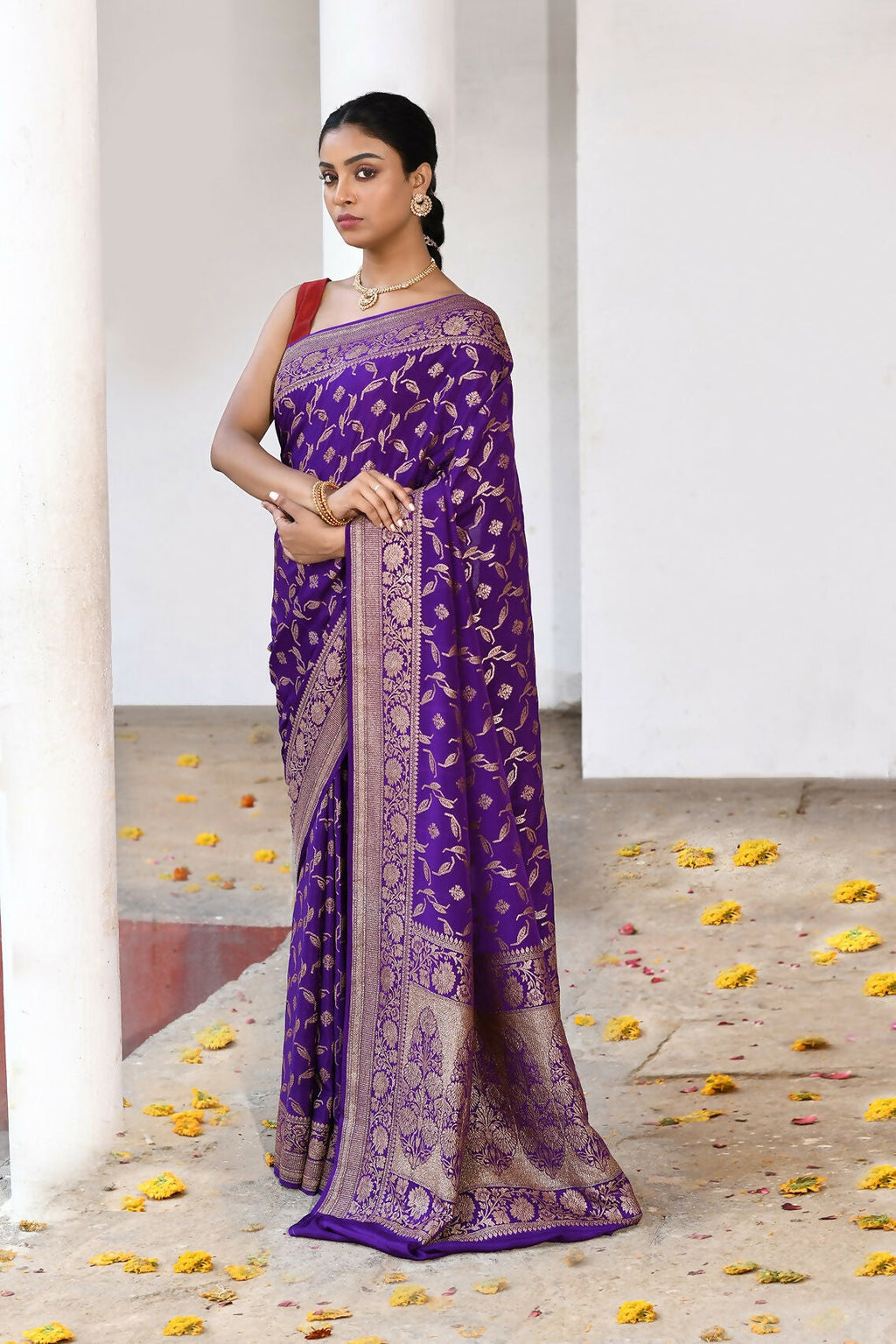 Joban Fashion Purple Crepe Chiffon Pure Handloom Banarasi Silk Saree | Grocsy