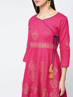 Aniyah Cotton Block Printed Angrakha Kurta Fuchsia (AN-132K) | Grocsy