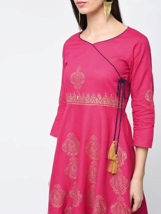Aniyah Cotton Block Printed Angrakha Kurta Fuchsia (AN-132K) | Grocsy