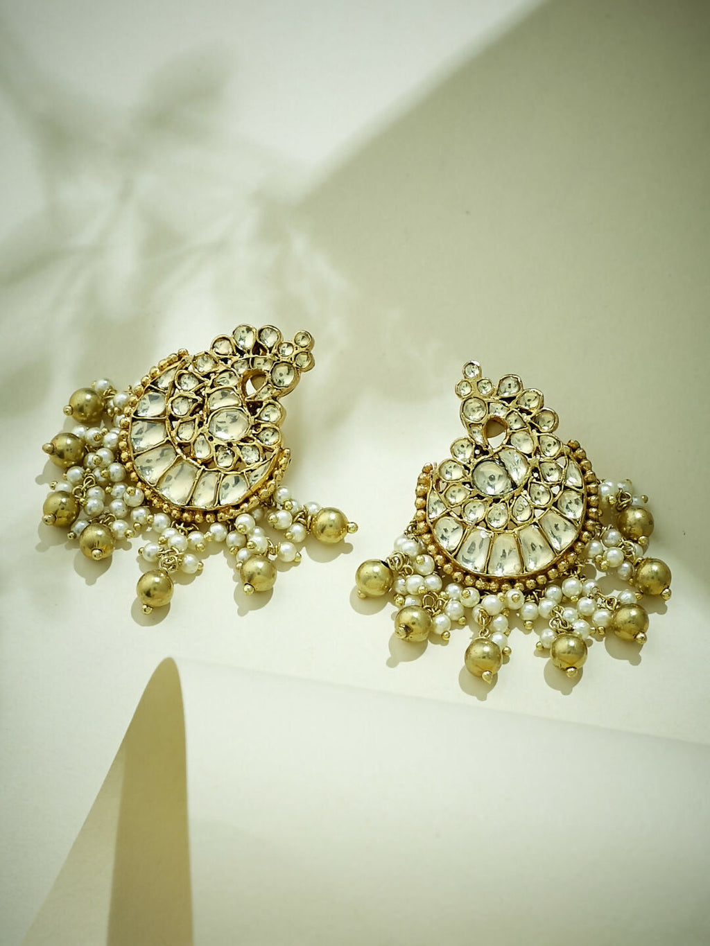 Nuyug 22K Gold-Plated Kundan Stone Studded & Pearl Drop Beaded Crescent Shaped Chandbalis | Grocsy