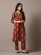 Myshka Women's Rust Printed Cotton Straight Party Kurta Set | Grocsy