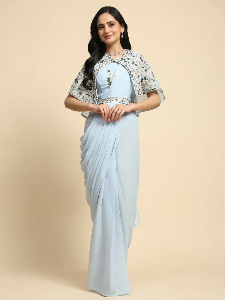 Blue Chiffon Solid Ready to wear Saree with stitched Blouse - Aayan | Grocsy