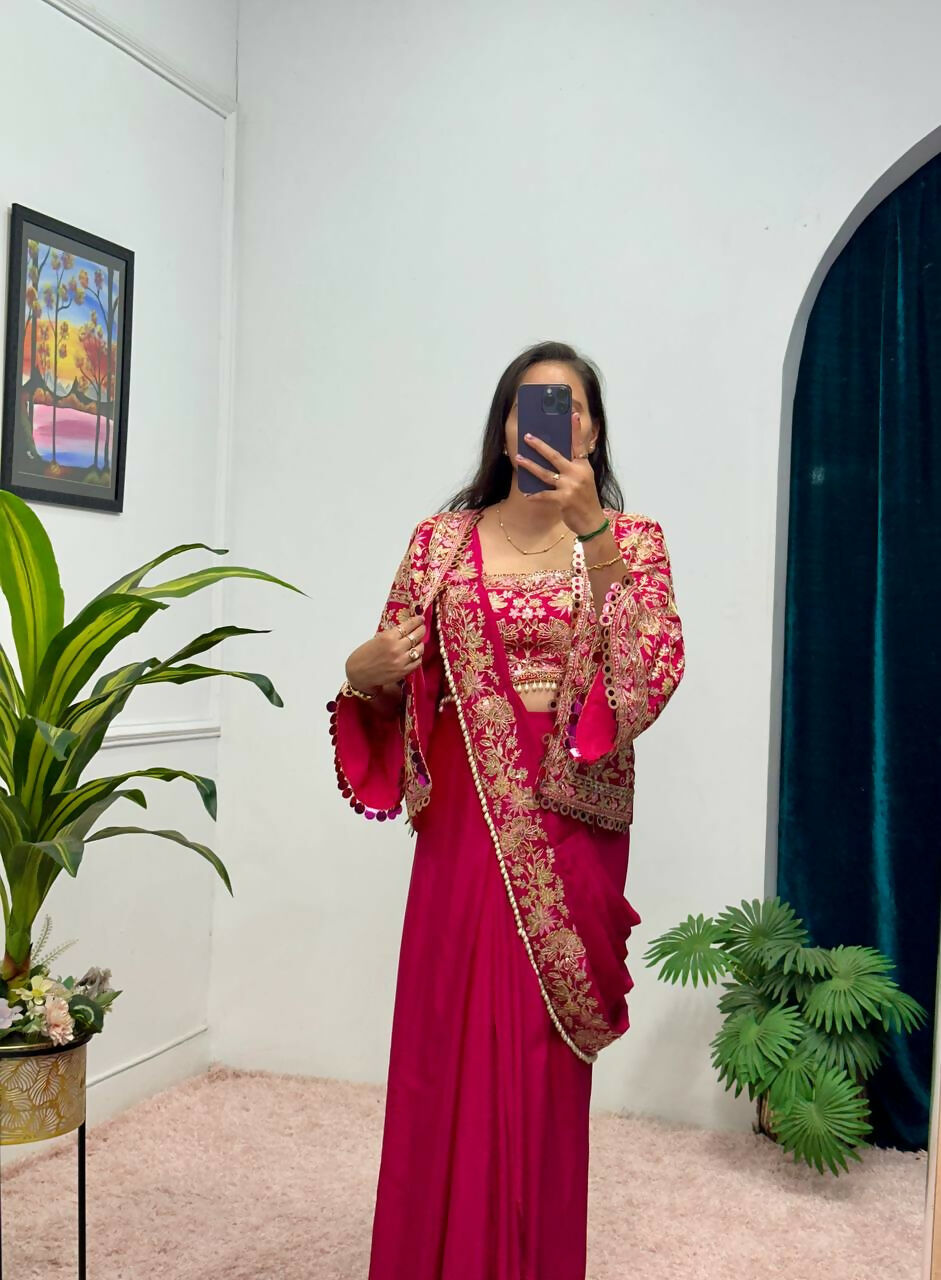 Teeya Creation Rani Color Chinon Silk Embroidery Work Ready To Wear Party Wear Saree With Koti | Grocsy