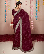 Wine Georgette Foil Printed Saree With Unstitched Blouse Piece - Nitya | Grocsy