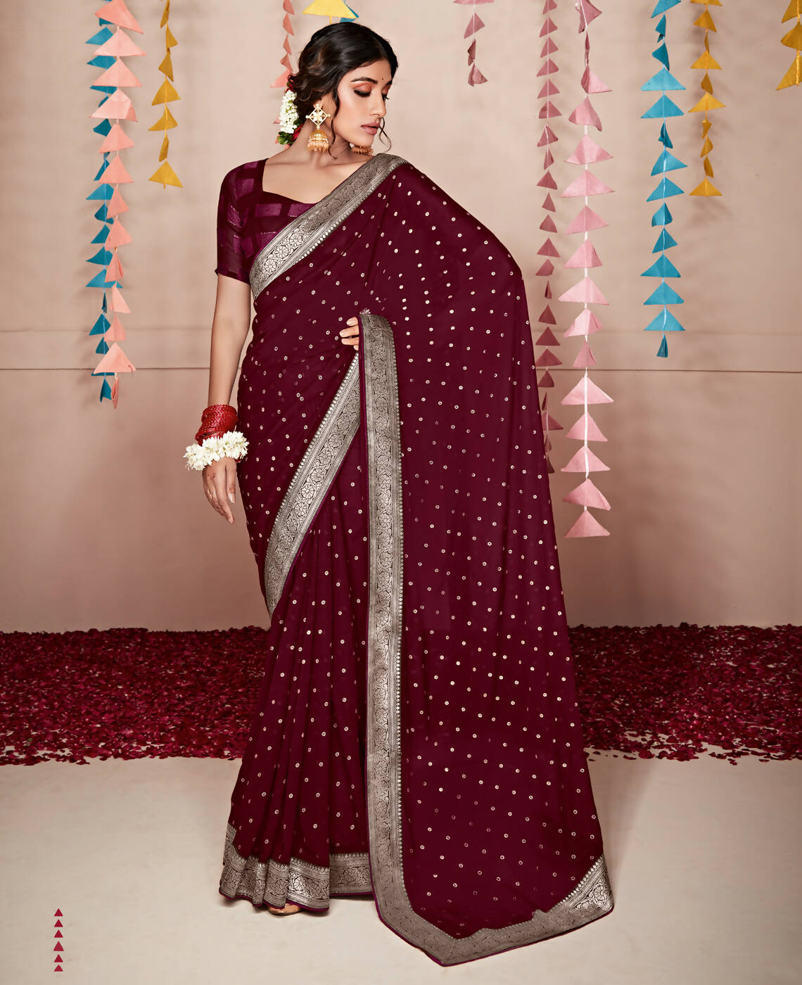Wine Georgette Foil Printed Saree With Unstitched Blouse Piece - Nitya | Grocsy
