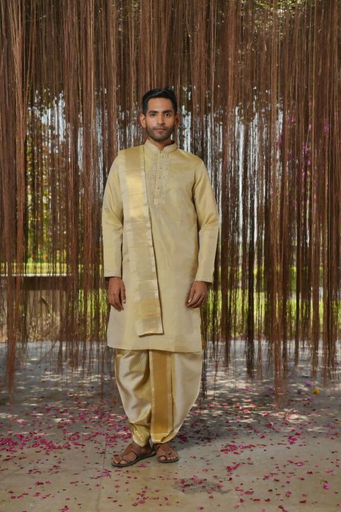 Olive Kanjivaram Machien Embroidered Pattu Set by Hilo Design | Grocsy