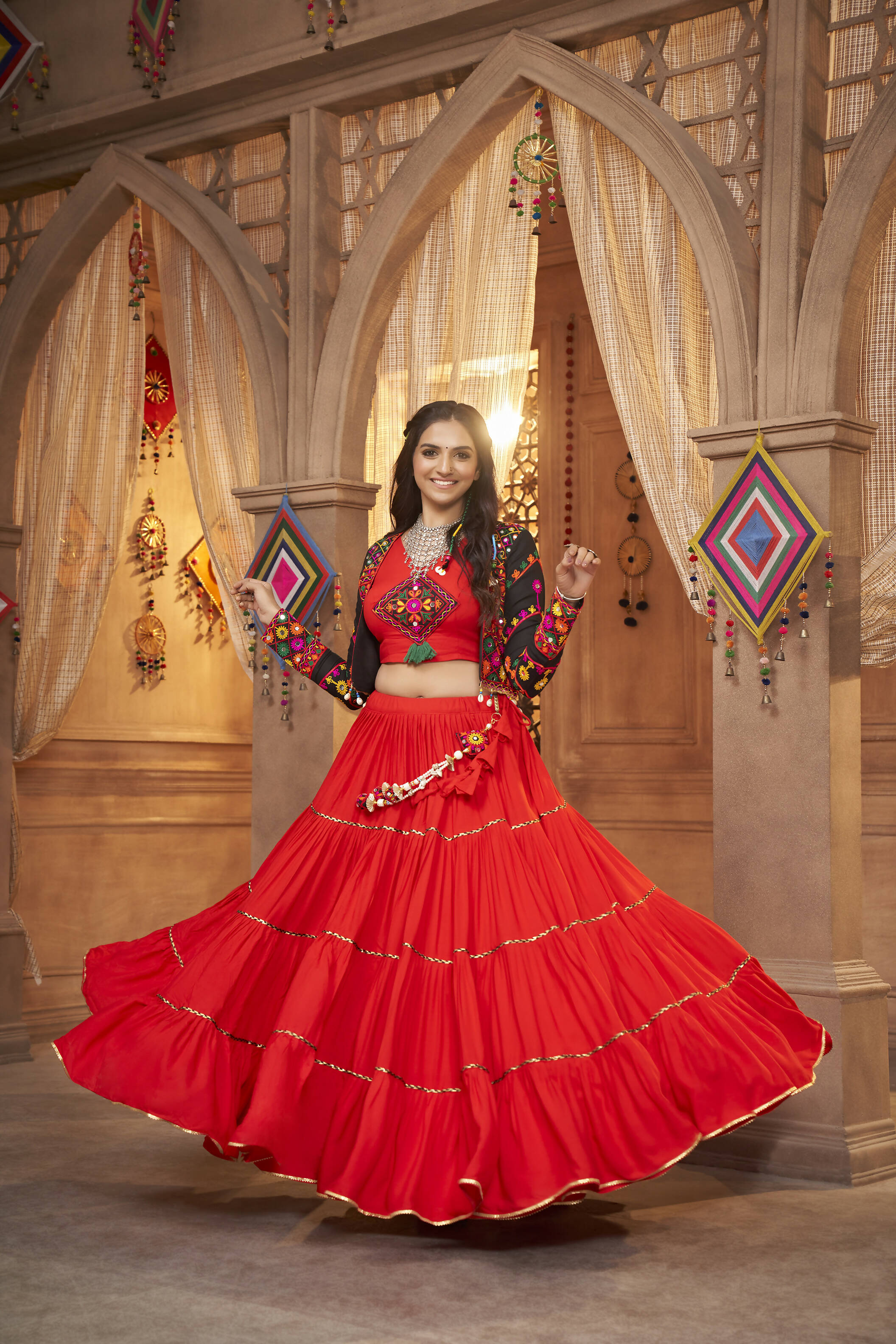Red Viscose Rayon Navratri Lehenga Choli With Dupatta - Raas | Grocsy