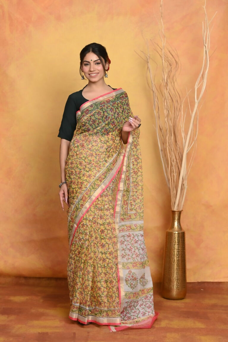 Very Much Indian Pure Kota Cotton Handblock Printed Saree - Yellow | Grocsy