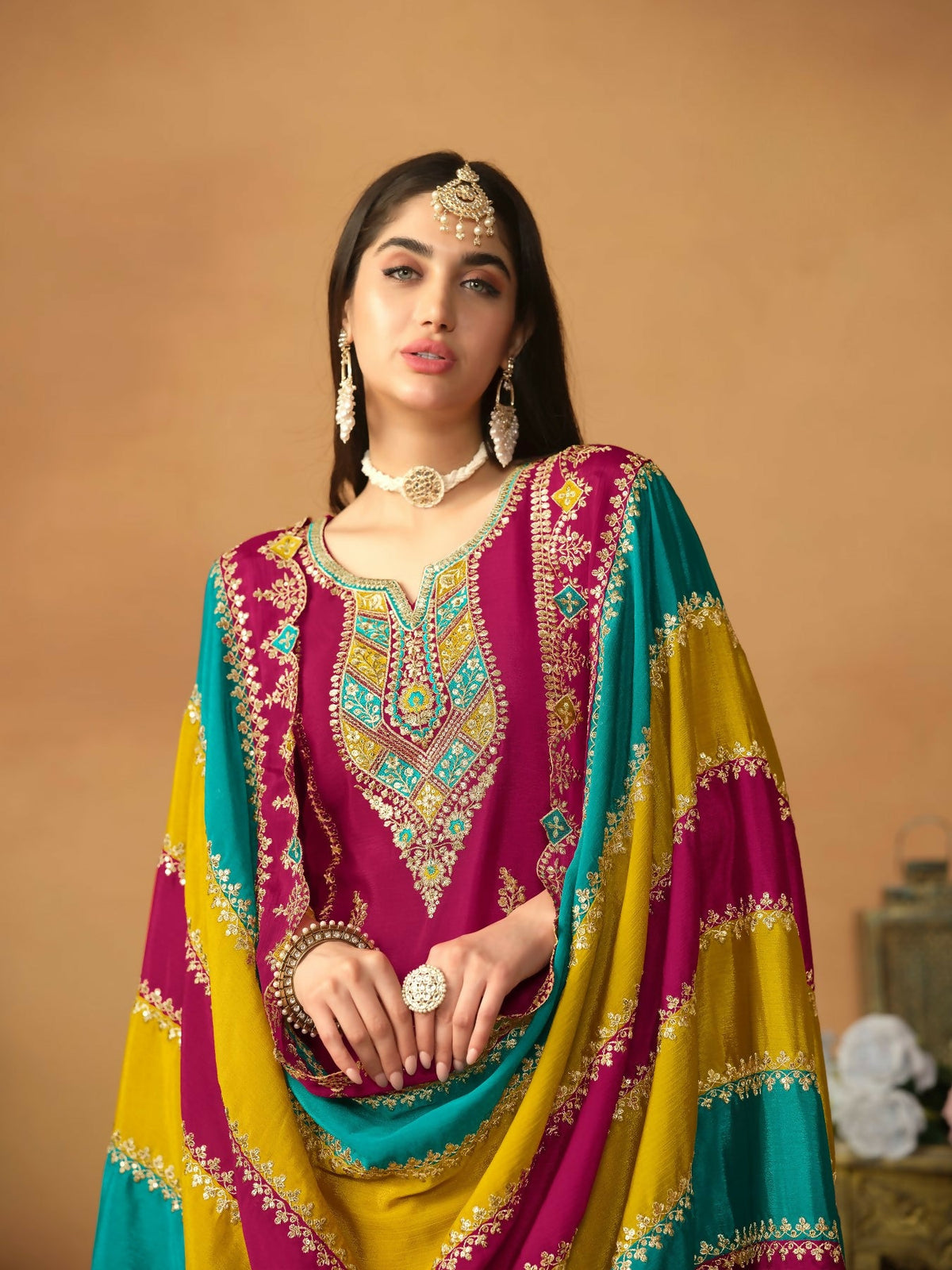 Anaita Wine Embroidered Soft Organza Salwar Suit | Grocsy
