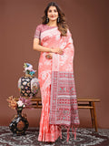 Shree Shyam Fashion Anaya Peach Linen Cotton Saree | Grocsy