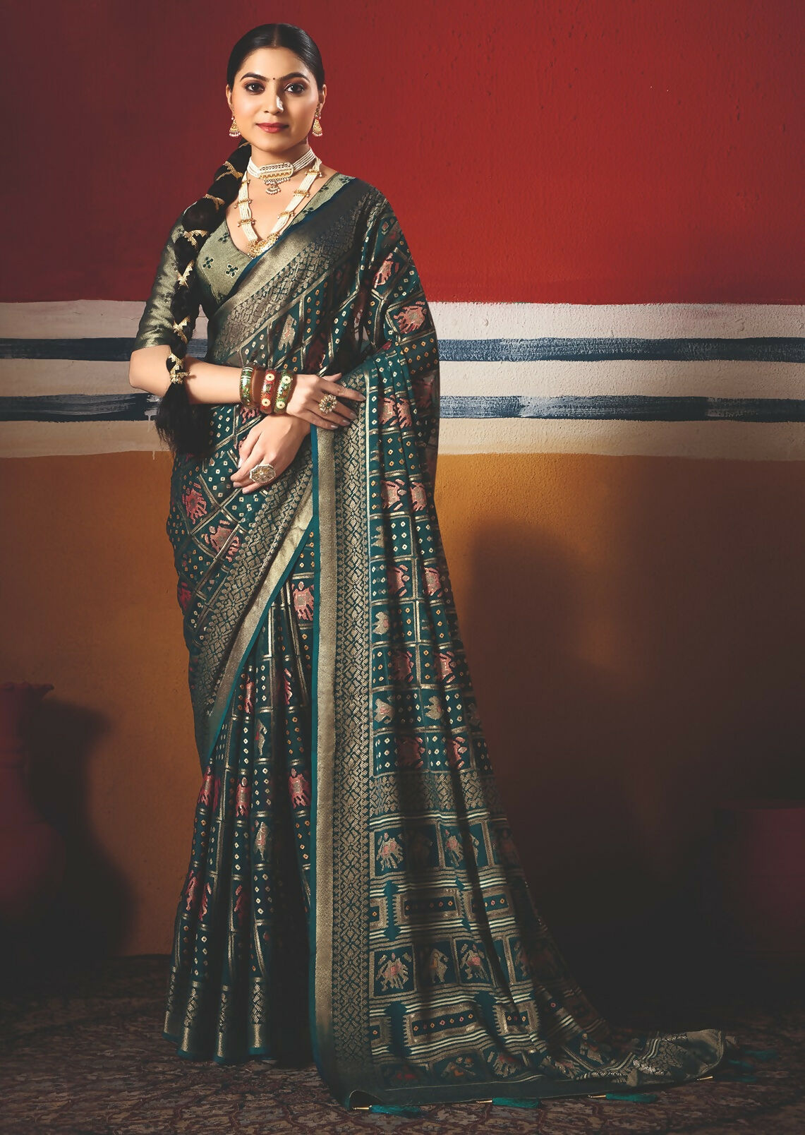 Joban Fashion Teal Blue Dull Moss Brasso Saree | Grocsy