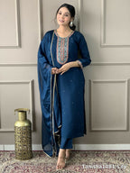 Blue Viscose Chanderi Stitched Suit With Dupatta - Tanisha | Grocsy