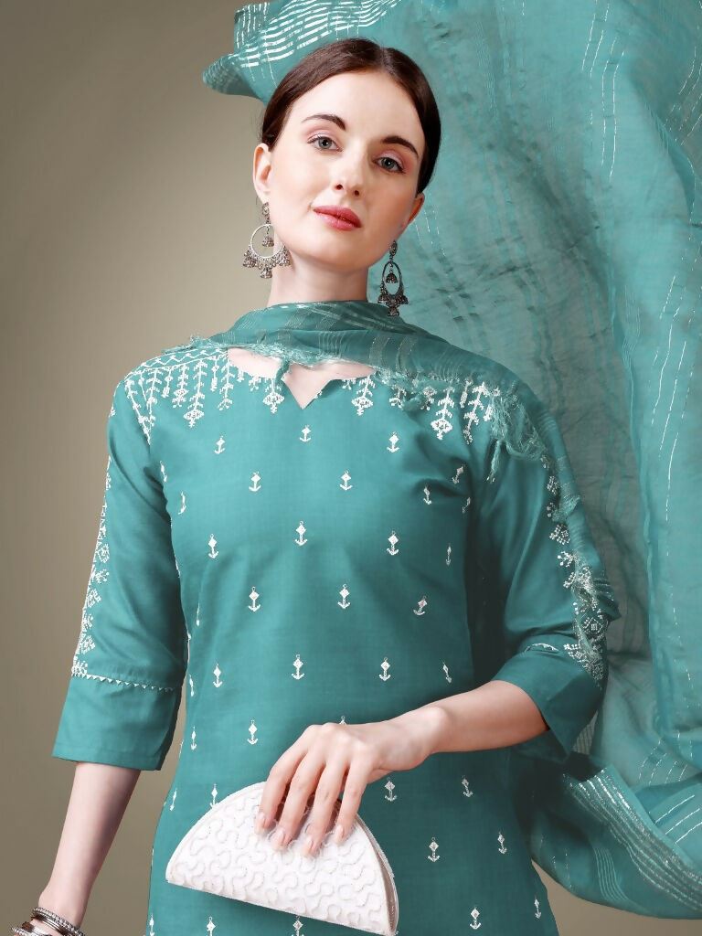 Jyoti Fashion Women's Teal Cotton Blend Embroidery & Sequence work Kurta with Trouser & Dupatta | Grocsy