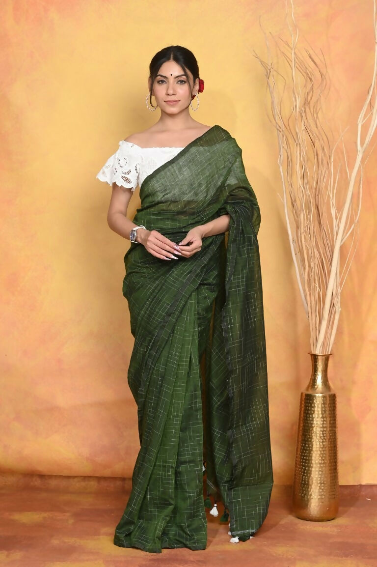 Very Much Indian Mul Cotton Khadi Design Handloom Woven Saree - Green | Grocsy