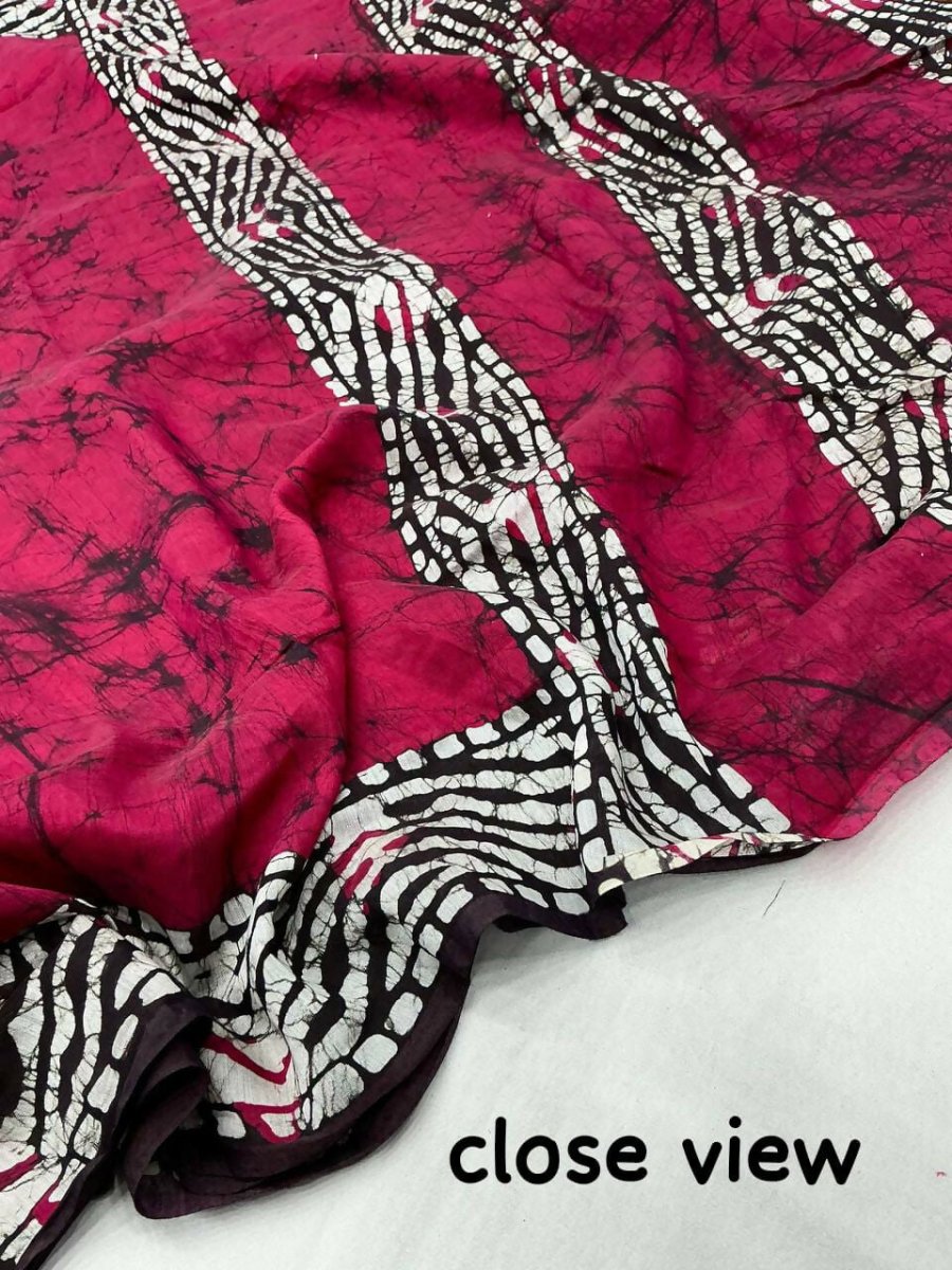 Arfa Fashion House Rani Pink Pure Chanderi Cotton Batik Printed Saree | Grocsy