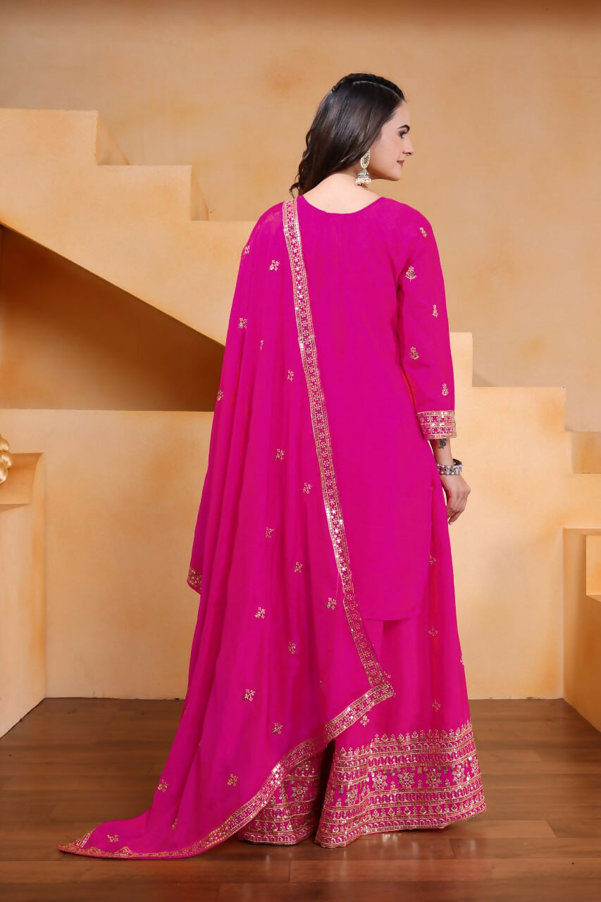 Teeya Creation Pink Color Chinon Silk Wedding Wear Trending Palazzo Set | Grocsy