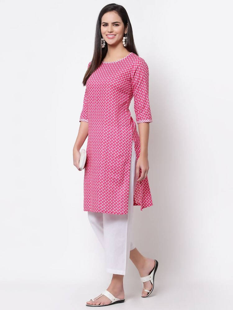 Myshka Women's Pink Cotton 3/4 Sleeve Round Neck Printed Casual Kurta | Grocsy