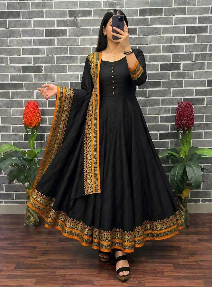 Teeya Creation New Trendy Stylish Black Solid Anarkali Kurta with Traditional Golden Border Dupatta Set | Grocsy