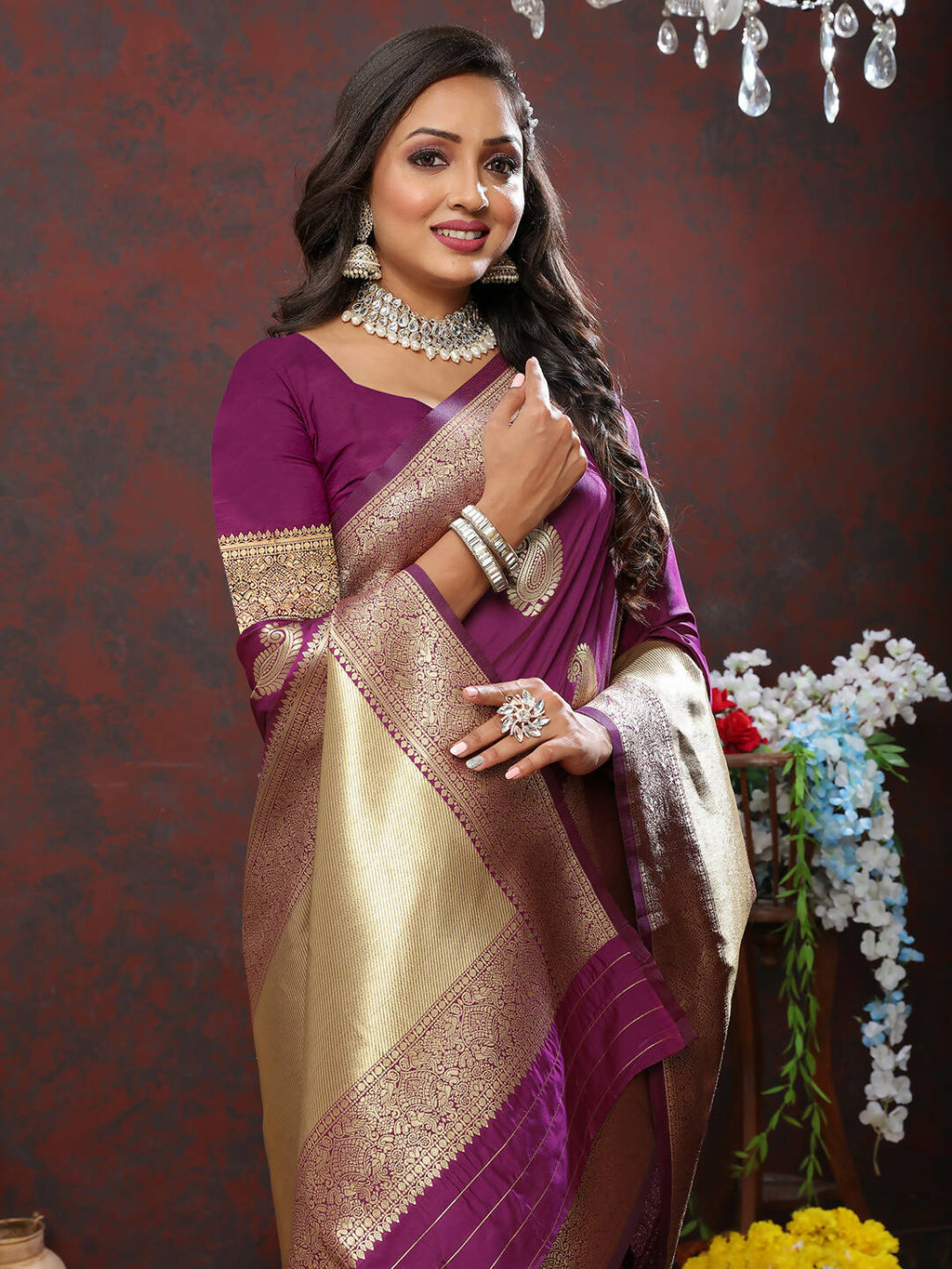 Lorenvalley Fashion Wine Soft Silk Woven Design Gold Zari Weaving Saree | Grocsy