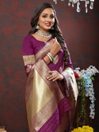 Lorenvalley Fashion Wine Soft Silk Woven Design Gold Zari Weaving Saree | Grocsy