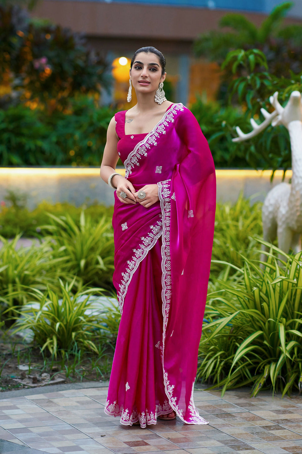 Vastranavya Pink Embroidery Work Shimmer Chiffon Saree with Unstitched Blouse | Grocsy