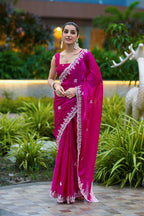 Vastranavya Pink Embroidery Work Shimmer Chiffon Saree with Unstitched Blouse | Grocsy
