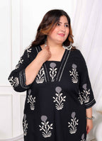 Miravan Women's Plus Size Cotton Gota Patti Black Floral Printed Straight Kurta Palazzo Set | Grocsy