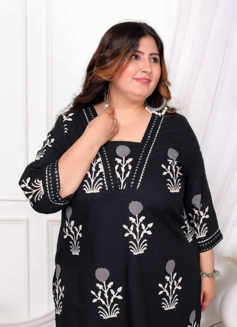Miravan Women's Plus Size Cotton Gota Patti Black Floral Printed Straight Kurta Palazzo Set | Grocsy