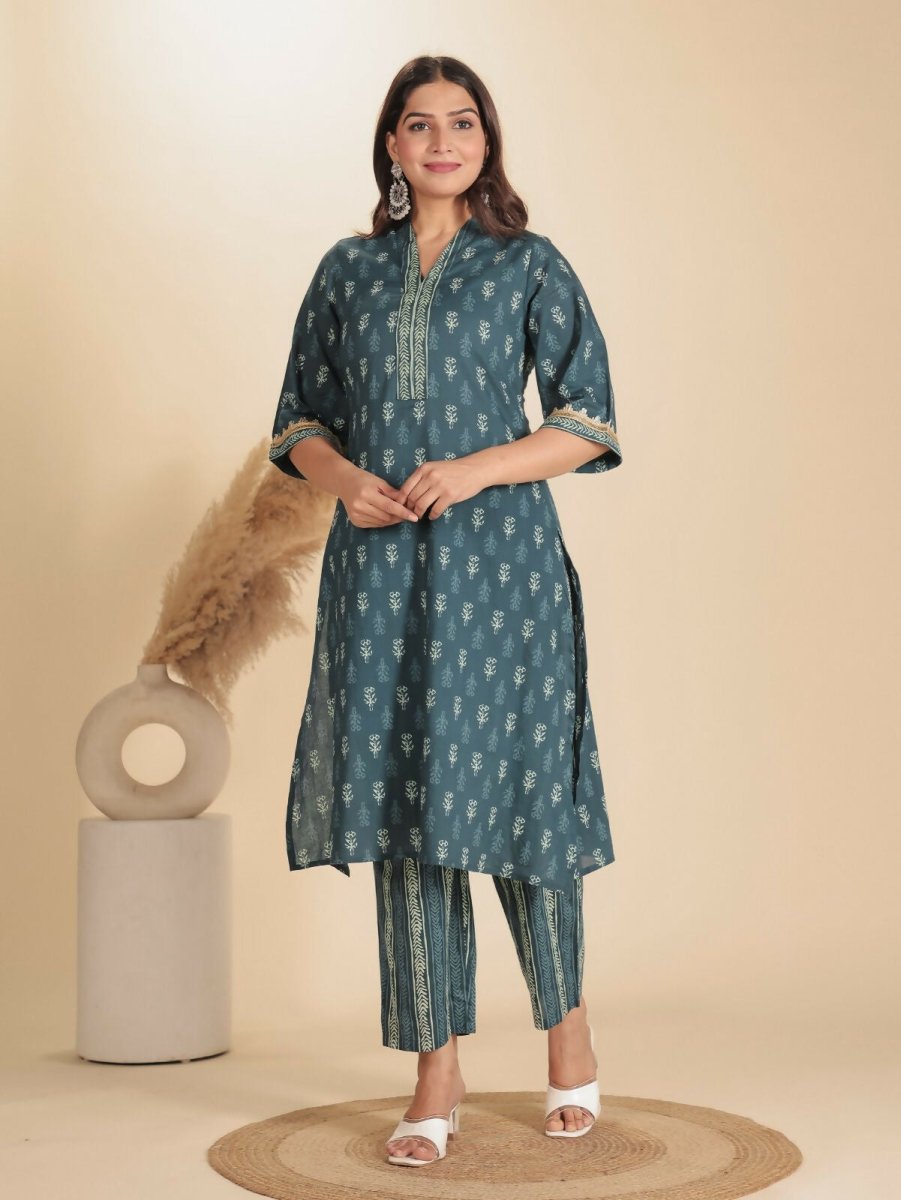 Aramya Blue Soft Cotton Block Print Straight Kurta Set for Women | Grocsy