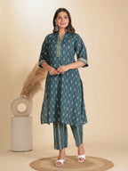 Aramya Blue Soft Cotton Block Print Straight Kurta Set for Women | Grocsy