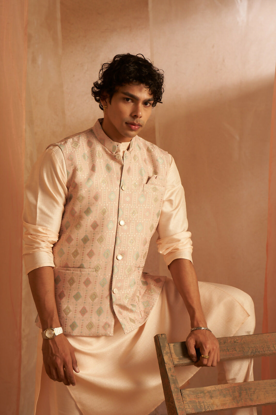 Peach Viscose Designer Printed Men's Kurta Set with Koti - Mahotsav | Grocsy