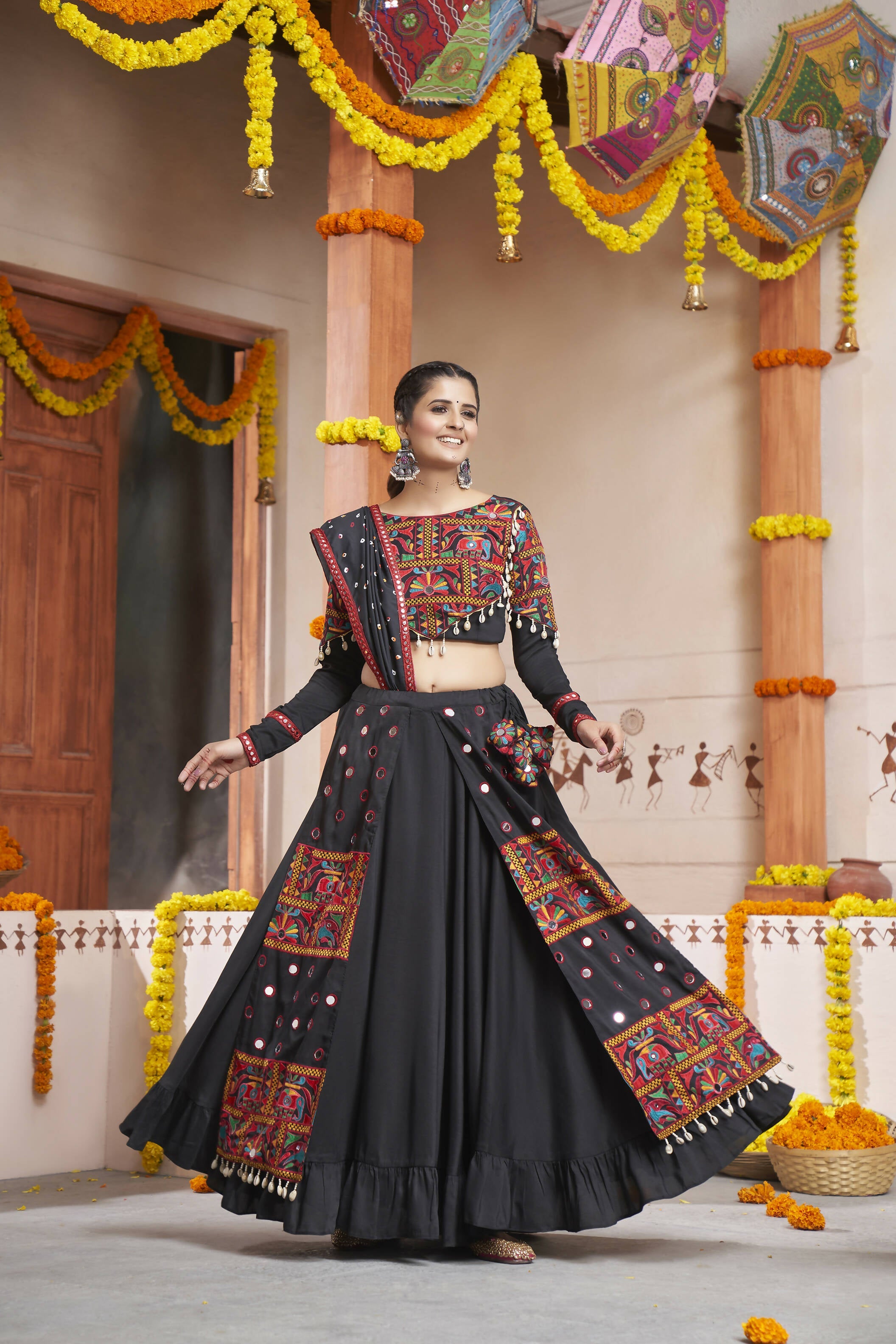 Black Viscose Rayon Thread Embroidery with mirror work Navratri Lehenga Choli with Dupatta - Raas | Grocsy