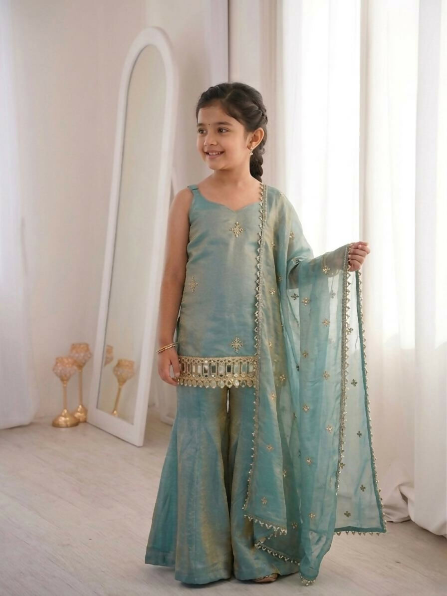 Teeya Creation New Trendy Kids Wedding Wear Kurta Suit - Blue Palazzo Set | Grocsy
