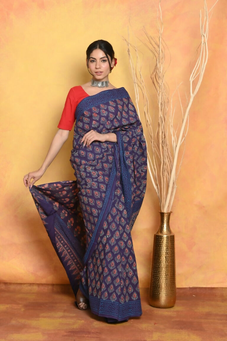 Very Much Indian Handblock Printed Cotton Saree With Natural Dyes - Blue | Grocsy