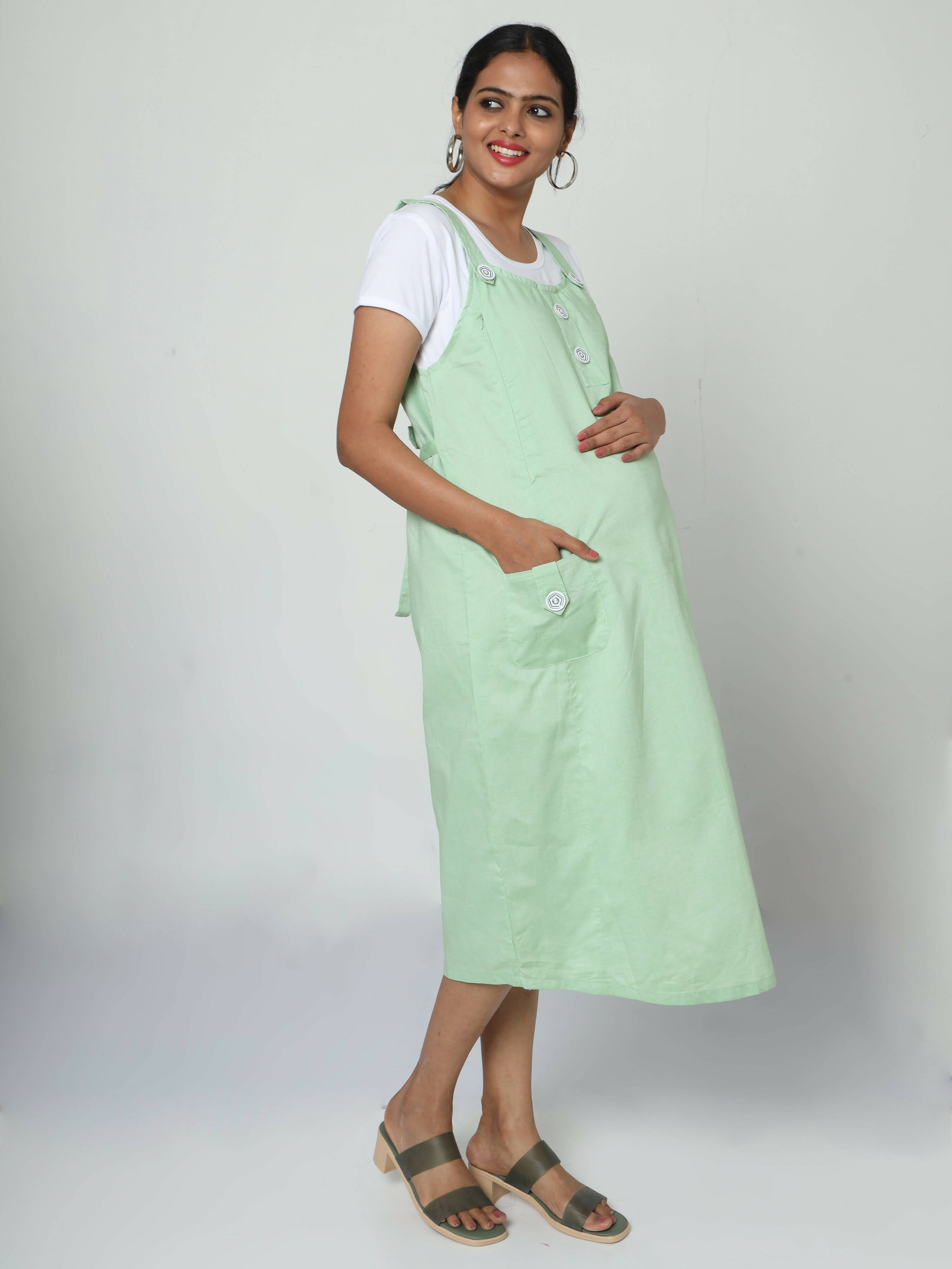 Manet Half Sleeves Solid Maternity Dress With Concealed Zipper Nursing Access - Green | Grocsy