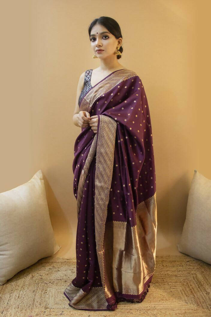 DEIANA'S Beautiful Designer Golden zari Soft Lichi Silk Saree - Wine | Grocsy