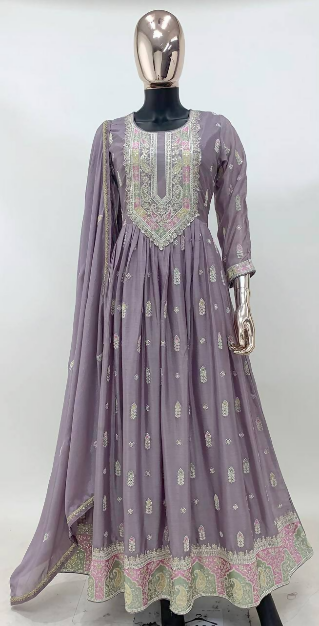 Lorenvalley Fashion Lavender Chinon Embroidery With Sequince Work Gown Stitched | Grocsy