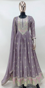 Lorenvalley Fashion Lavender Chinon Embroidery With Sequince Work Gown Stitched | Grocsy