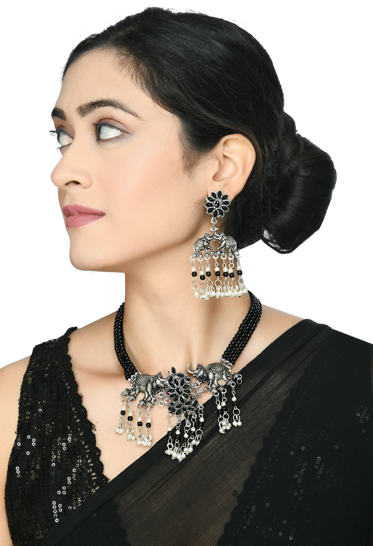Mominos Fashion Johar Kamal Silver-Plated Brass Finish Elephant Desgin Choker For Women (Black) | Grocsy