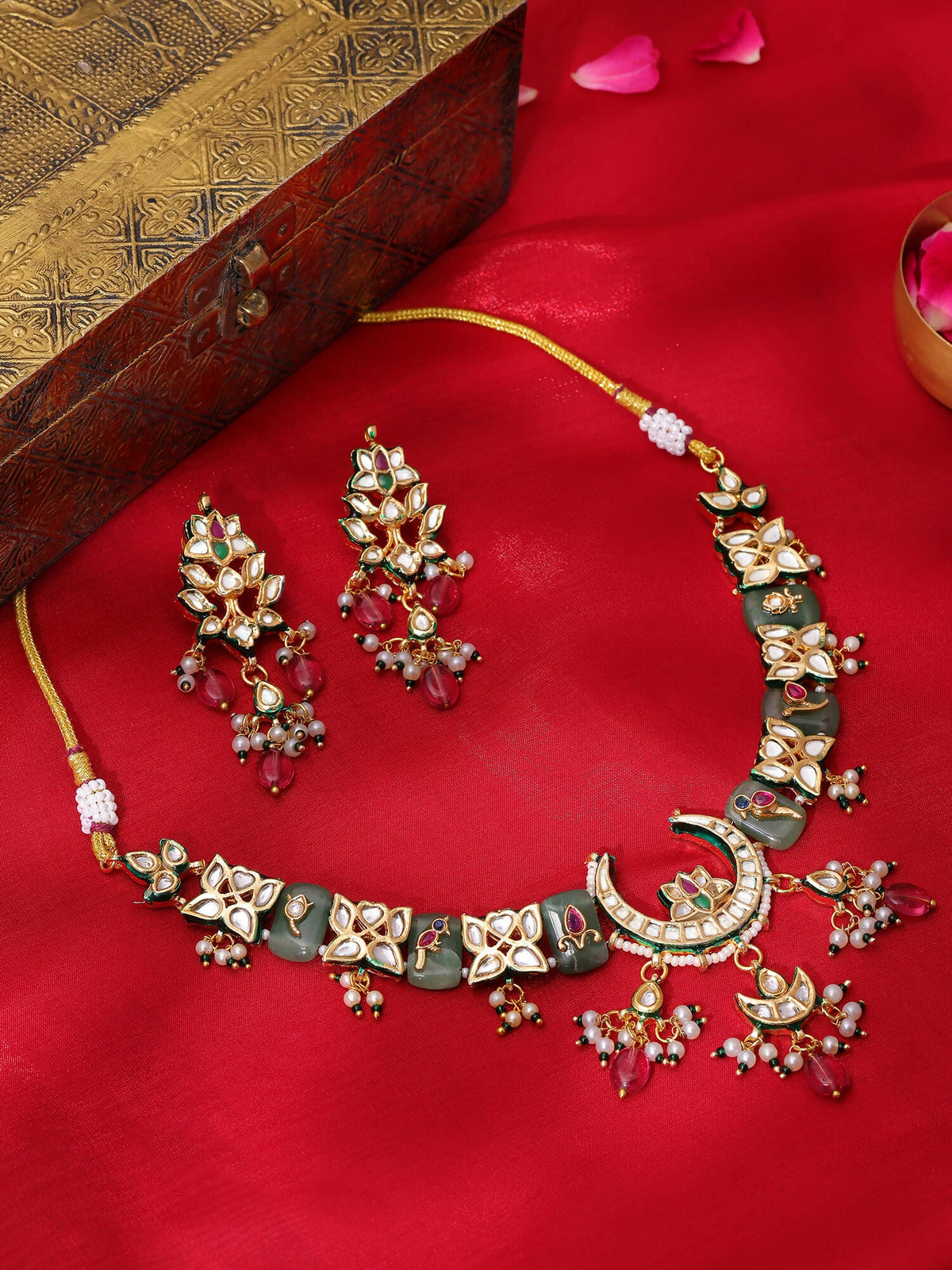 Ruby Raang Gold Polished Multi-Color Kundan And Stonework Necklace With Matching Earrings | Grocsy
