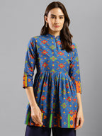 Women Blue & Green Pure Cotton Abstract Print Aline Top - Bosky | Grocsy